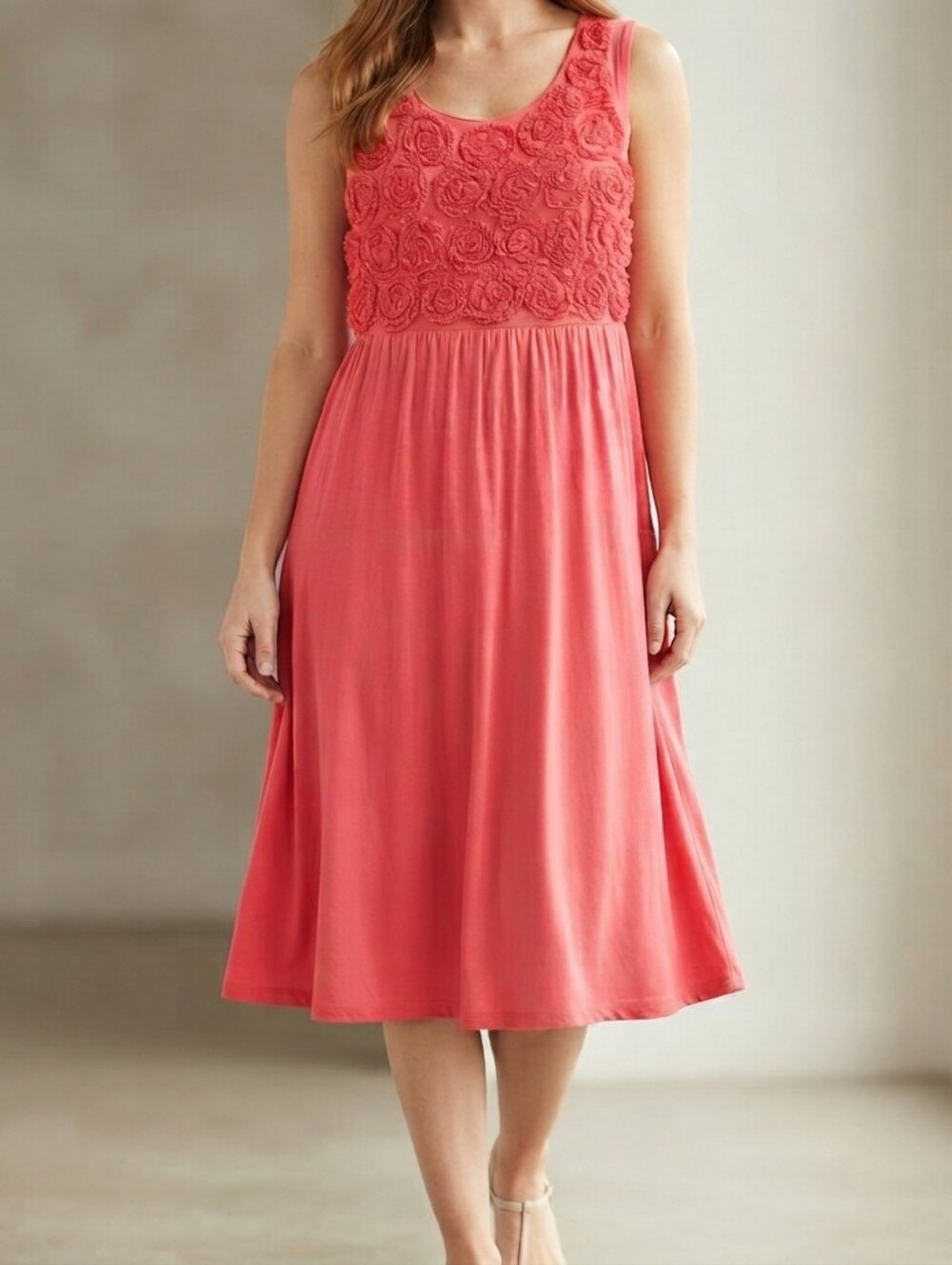 Design History 3D Rosette Bodice Flowy Coral Pink Dress Large